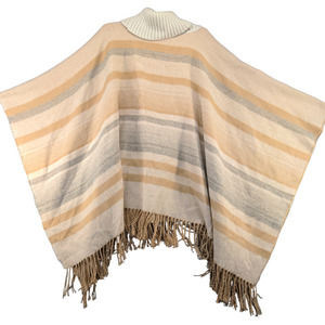 Vince Camuto Women's Turtleneck Poncho Sweater Tan One Size Striped Fringe